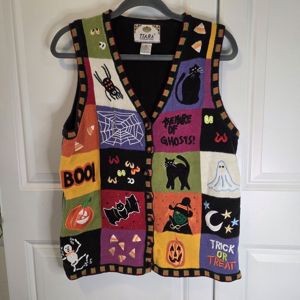 Tiara International Vintage Halloween Sweater Vest Ghost Witch Black Cat Women M
